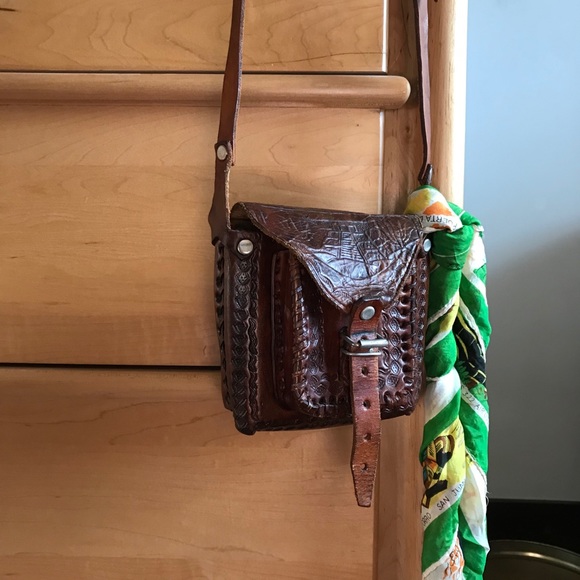 Vintage Handbags - Vintage Leather Purse • Hand Tooled Aztec Design